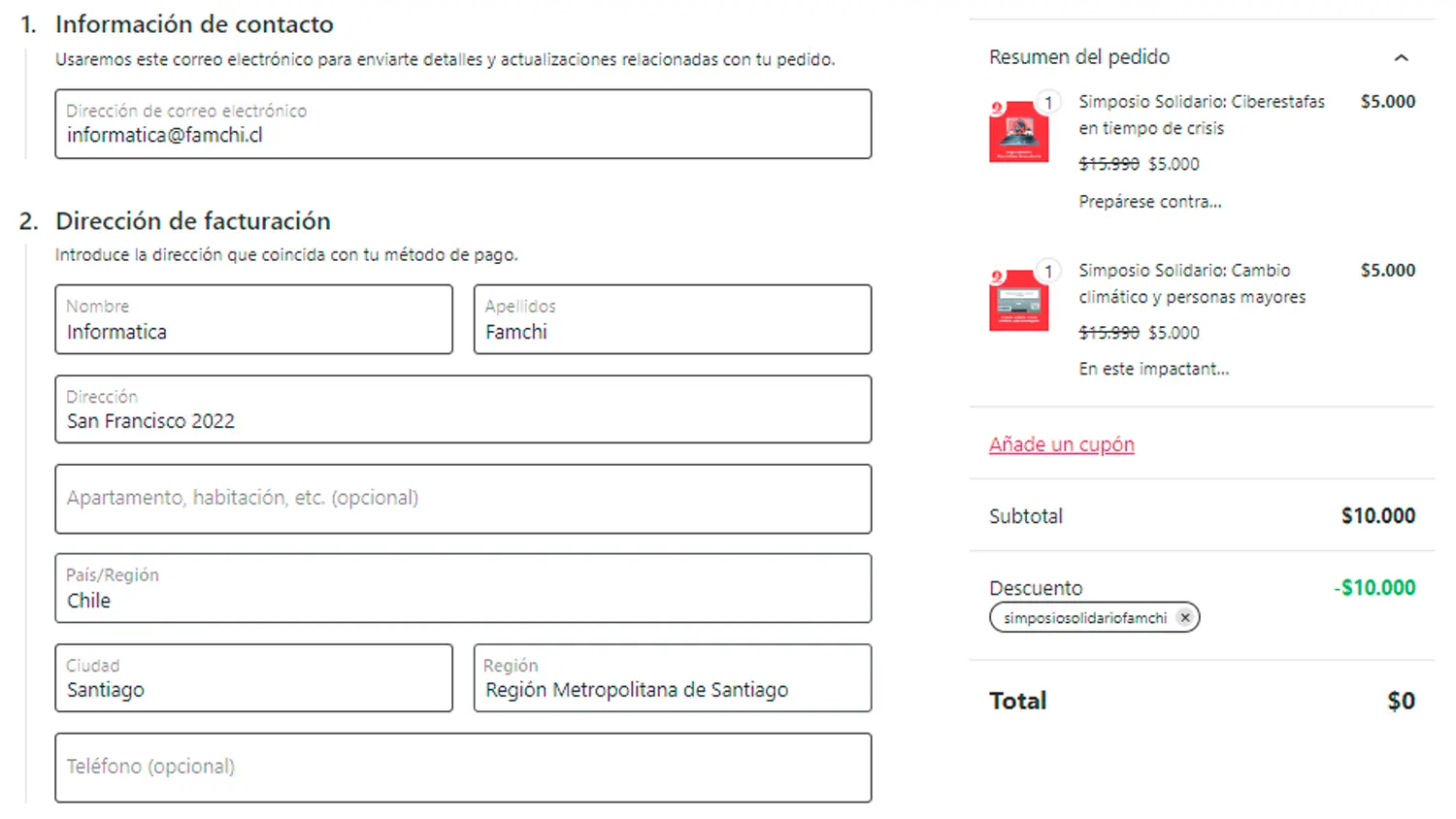Vista de Checkout (Incluye cupón para acceso grautito a la comunidad)